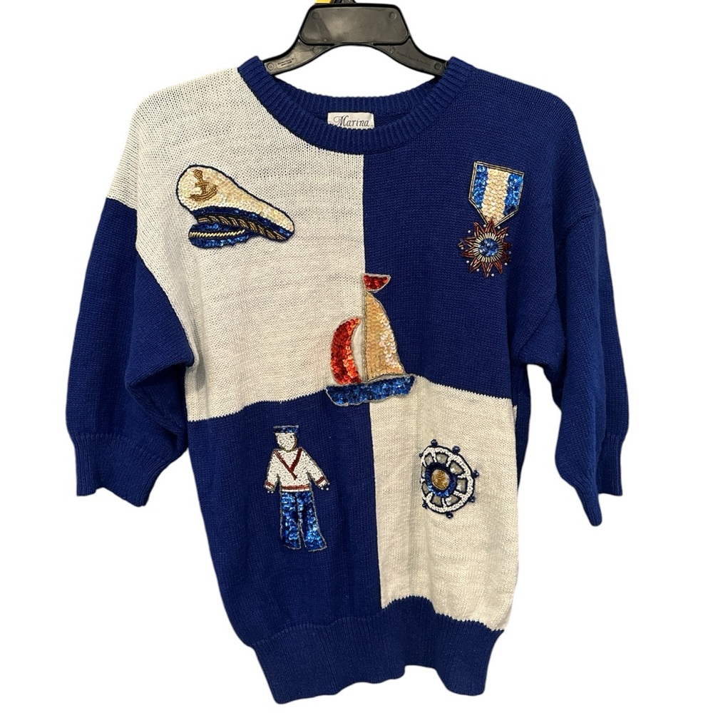 Vintage Marina nautical sweater with shoulder pads size large beaded & sequined